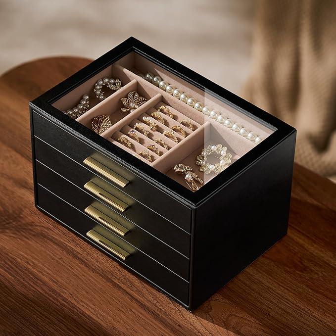 pickpiff Jewelry Box Organizer Case for Women: 4-Layer Jewelry Storage Case with Glass Window, Black Leather with Blush Velvet, Holder for Ring Necklace Bracelet Brooch Watch, Great Gift for Her - ModernBath