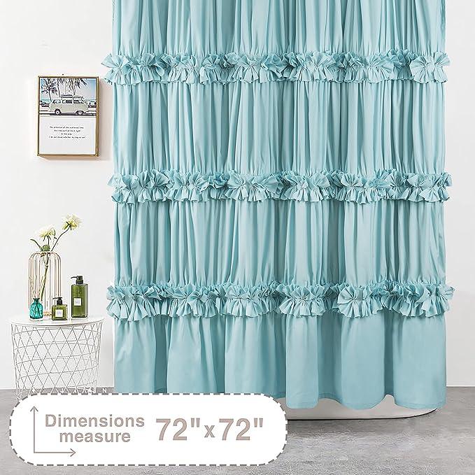 Homechoice Decor Spa Blue Ruffle Shower Curtain, Vintage Handcrafted Bow Tie Bath Curtain for Master Bathroom, Ruched Microfiber Bathroom Curtain with 12 Buttonholes, 72" W x 72" H (LQ-10) - ModernBath