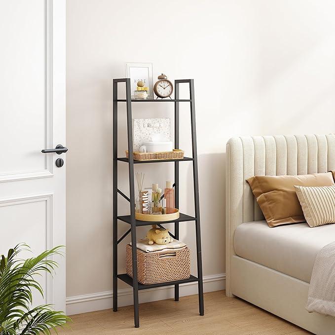 Hoctieon 4-Tier Industrial Ladder Bookshelf, Narrow Ladder Shelf, Tall Standing Bookshelf, Skinny Open Ladder Shelf, for Living Room, Home Office, Kitchen, Bedroom, Metal Frame, Black - ModernBath