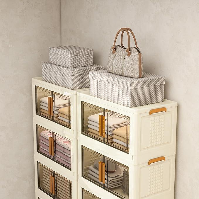 Plastic Stackable Storage Bins with Lids and Wheels, 180QT-45QT*4Tier Foldable Closet Organizers and Containers, Collapsible Clear Drawer Storage Cabinet with Doors Ivory White - ModernBath