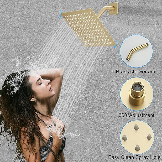 YCAIKOI Brushed Gold Shower System, 8 Inch High Pressure Rain Shower with Handheld, Wall Mount Shower Faucet Set for Bathroom, Rough-in Valve Body and Trim Included - ModernBath
