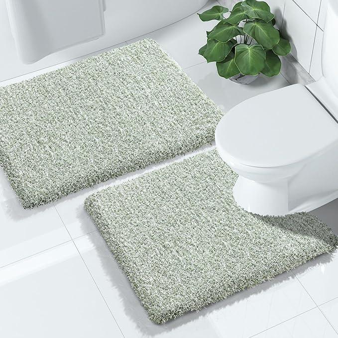 Yimobra Bathroom Rugs Sets 2 Piece, Soft Absorbent Bath Mat and U-Shaped Toilet Rug with Non Slip Backing, Machine Washable, Plush Shaggy Bath Mats for Bathroom, 24"x17"+24"x20", Light Green and White - ModernBath