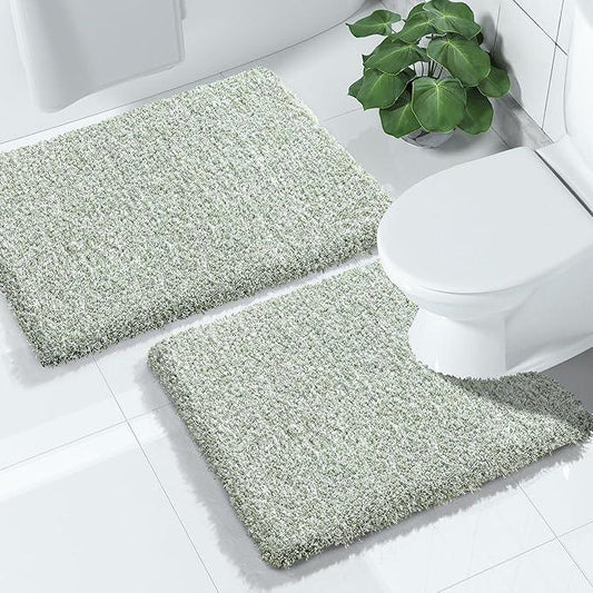 Yimobra Bathroom Rugs Sets 2 Piece, Soft Absorbent Bath Mat and U-Shaped Toilet Rug with Non Slip Backing, Machine Washable, Plush Shaggy Bath Mats for Bathroom, 24"x17"+24"x20", Light Green and White - ModernBath