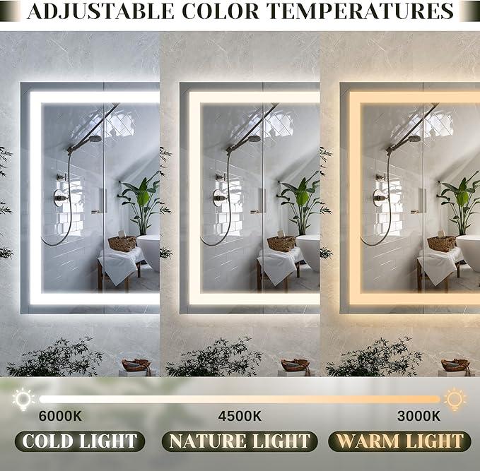 ROLOVE 32x 22 Inch Large Lighted Vanity Mirror with Dimmable 3 Modes, LED Makeup Mirror for Bathroom ＆ Dressing Room, Tabletop or Wall-Mounted, White - ModernBath