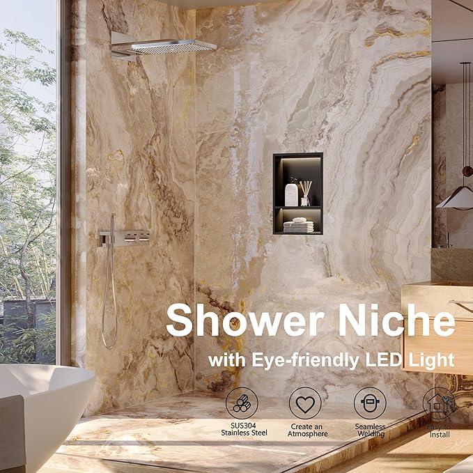 Stainless Steel Shower Niche 12" X 18", No Tile Needed Wall Niche with 3 Selectable Color Temperatures Led Light, Recessed Shower Shelf for Bathroom Storage Over Mount Installation, Matte Black - ModernBath