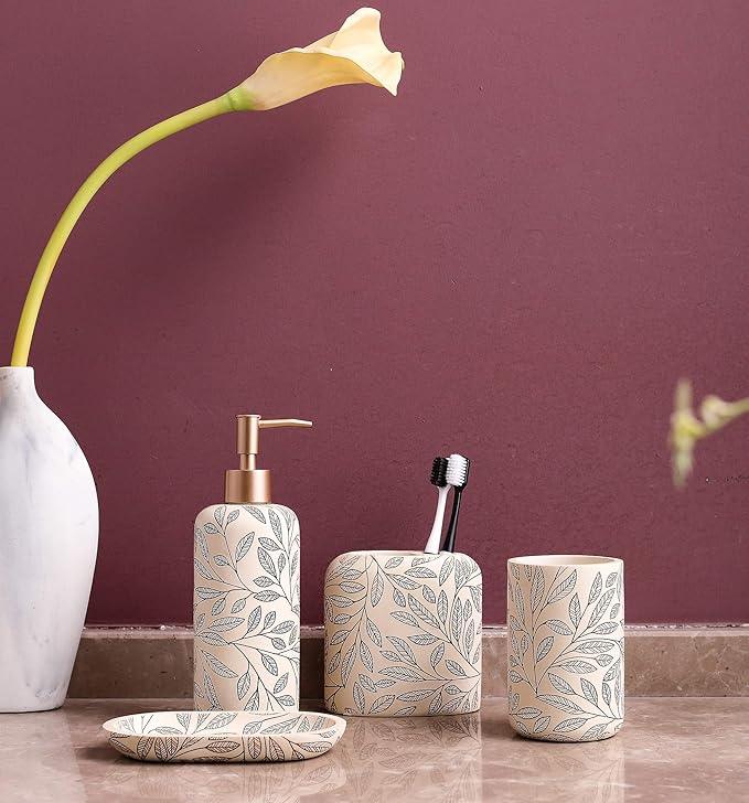 Hymmah Bathroom Accessories Set,Toothbrush Holder,Farmhouse Bathroom Decor,4 Pcs Resin Gift Set Apartment Necessities, Contain Toothbrush Cup,Soap Dispenser,Soap Dish,Tumbler - ModernBath