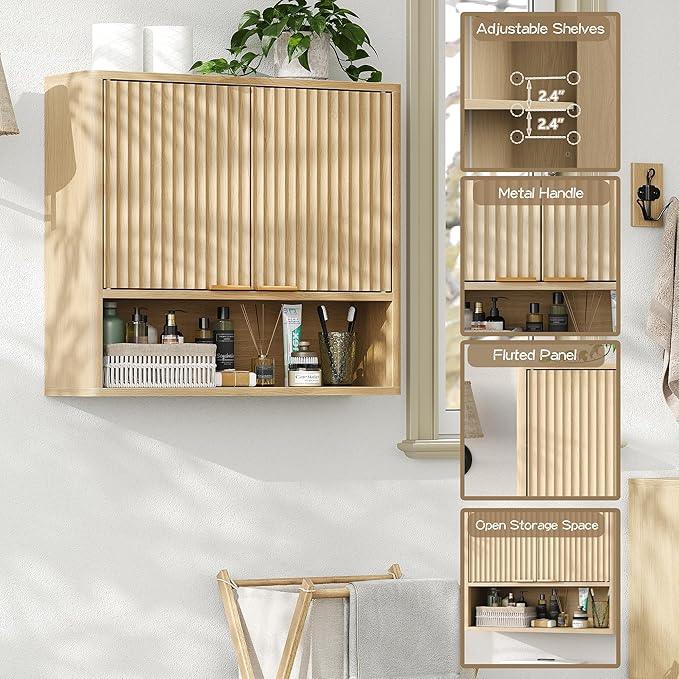 Furnideco Bathroom Medicine Cabinet with Fluted Doors, 3-Tier Modern Wall Cabinet Over Toilet, Small Hanging Storage Cabinet for Bathroom, Natural - ModernBath