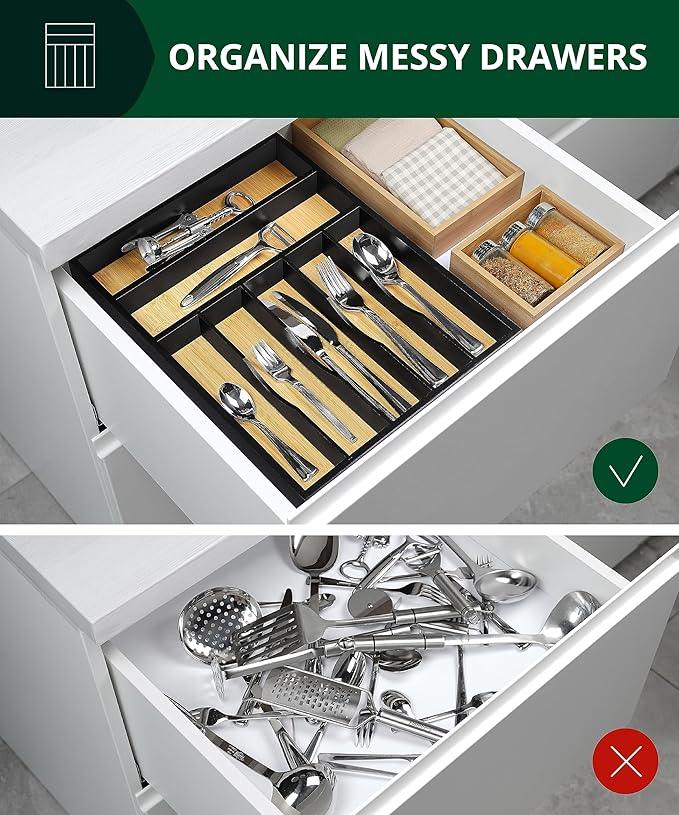 ROYAL CRAFT WOOD Luxury Bamboo Kitchen Drawer Organizer - Silverware Organizer - Utensil Holder and Cutlery Tray with Grooved Drawer Dividers for Flatware and Kitchen Utensils (7 Slot) - ModernBath