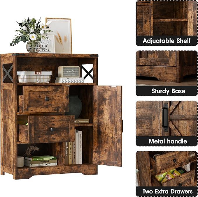 Fameill Farmhouse Storage Cabinet with 2 Drawers & Shelves,Freestanding Kitchen Cabinet with Doors,Floor Storage Organization for Living Room,Bathroom,Laundry,Brown - ModernBath