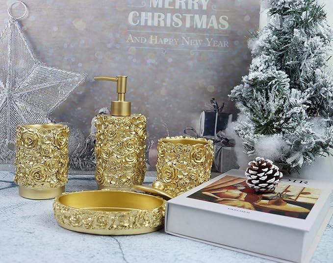 Hymmah Gold Bathroom Accessories Set,Rose Design Bathroom Set,Farmhouse Bathroom Decor,4 Pcs Resin Gift Set Apartment Necessities, Contain Cotton Swab Jar,Soap Dispenser,Soap Dish,Tumbler White - ModernBath