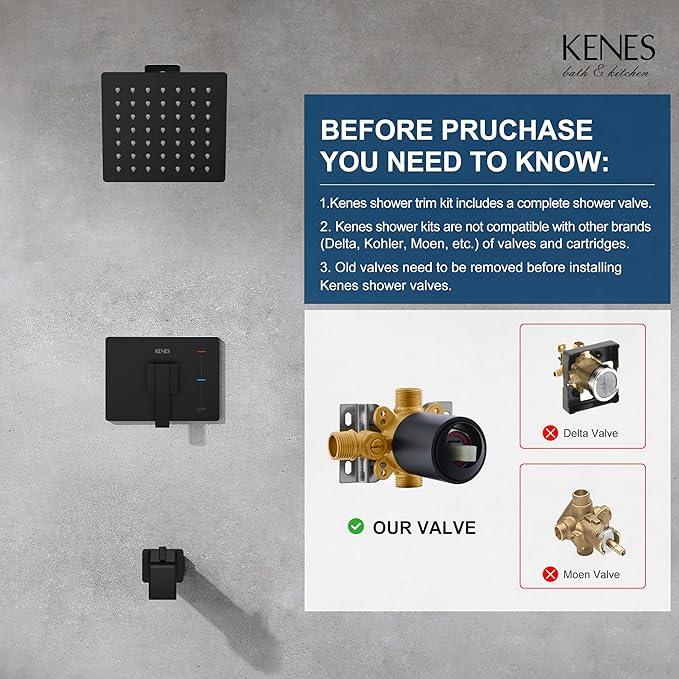 KENES Tub Shower Faucet Set Complete, Matte Black Tub and Shower Trim Kit with 6-Inch Rain Shower Head, Square Shower System, KE-6025A-2 (Shower Valve Included) - ModernBath