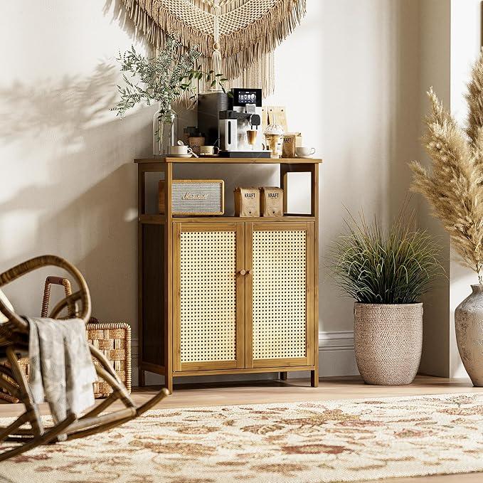 HITNET Rattan Bathroom Floor Cabinet, Freestanding Bamboo Storage Cupboard with 2 Doors, Living Room Sideboard, Space Saving, Walnut - ModernBath