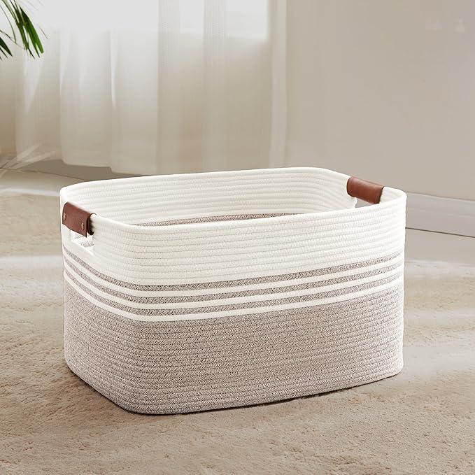 60L Large Laundry Basket with Leather Handles for Living Room Storage, Woven Rope Baskets Bin for Blanket, Kids Toy, Gifts, Wicker Hamper for Bedroom Dirty Clothes, White Brown - ModernBath