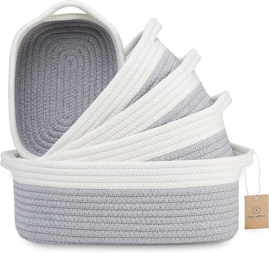 NaturalCozy 5-Piece Rectangle Storage Basket Set- Natural Cotton Rope Woven Baskets for Organizing! Small Basket for Montessori, Baby Nursery, Dog Toy Baskets, Cat Toy Box, Bathroom Organization Bin - ModernBath