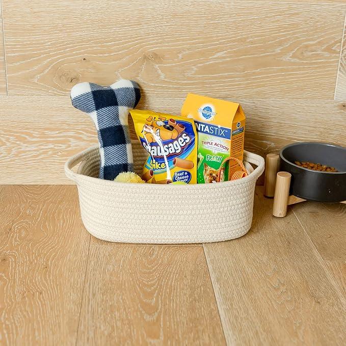 NaturalCozy 5-Piece Rectangle Storage Basket Set- Natural Cotton Rope Woven Baskets for Organizing! Small Basket for Montessori, Baby Nursery, Dog Toy Baskets, Cat Toy Box, Bathroom Organization Bin - ModernBath