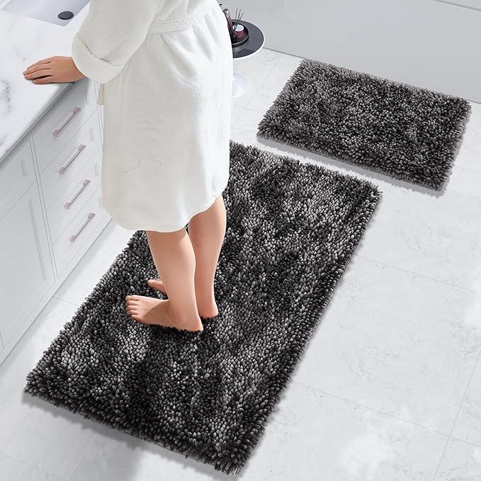 Yimobra Bathroom Rug Set 2 Piece, Luxury Shaggy Bath Mat Set with Non Slip Backing, Ultra Soft & Absorbent Mats for Bathroom Floor, Machine Washable, 44"x24"+24"x17", Dark Grey - ModernBath