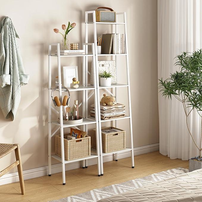 Hoctieon 4-Tier Industrial Ladder Bookshelf, Narrow Ladder Shelf, Tall Standing Bookshelf, Skinny Open Ladder Shelf, for Living Room, Home Office, Kitchen, Bedroom, Metal Frame, White - ModernBath