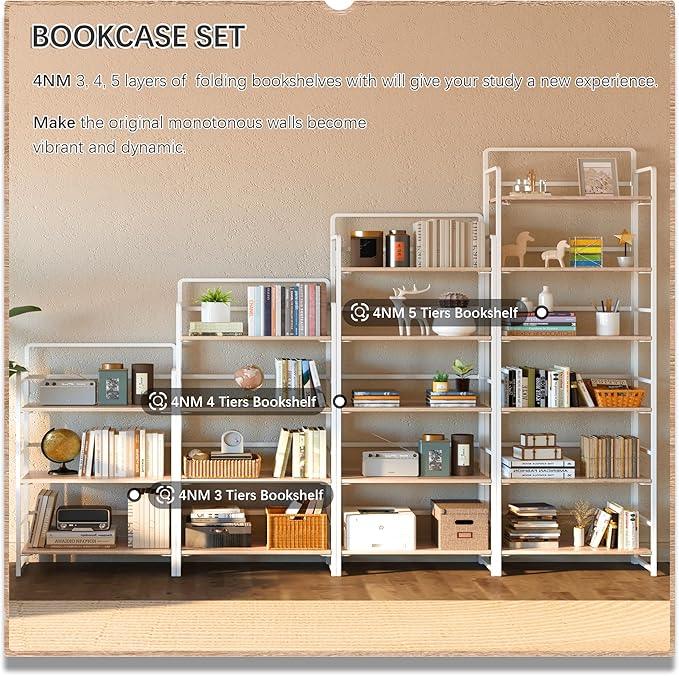 4NM No Assembly 6 Tiers Folding Bookshelf Storage Shelves Vintage Bookcase Standing Racks Study Organizer Home Office (Natural White) - ModernBath