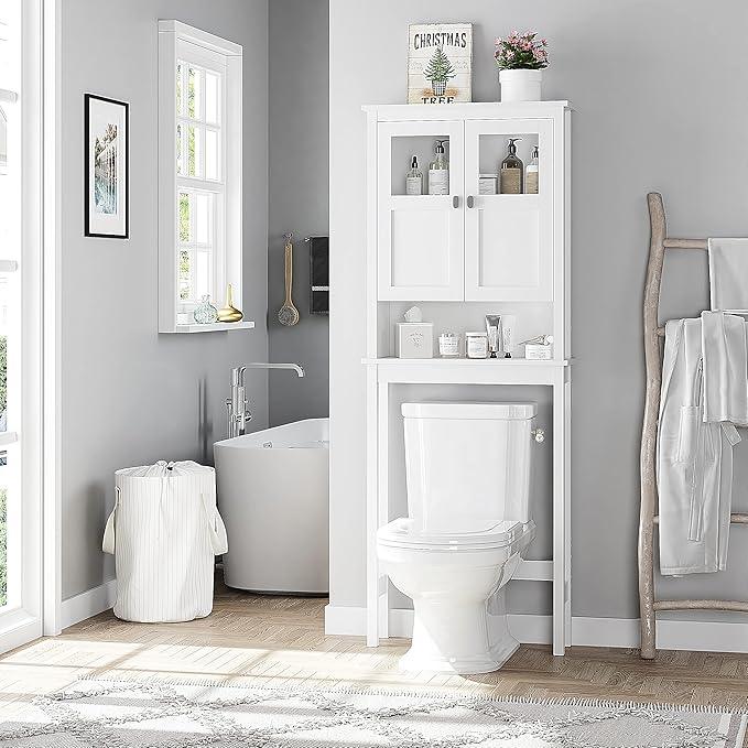 Spirich Bathroom Cabinet Over Toilet, Bathroom Storage Cabinet with Glass Doors and Adjustable Shelves, Over The Toilet Storage Cabinet, White - ModernBath