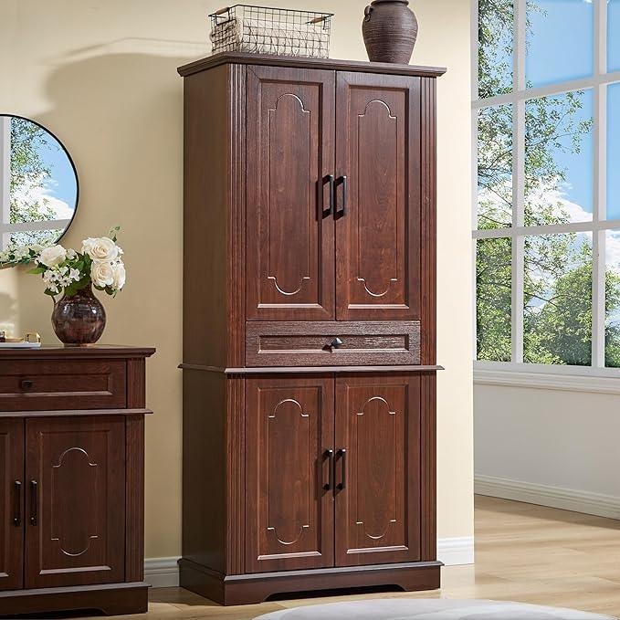 71" Tall Pantry Cabinet with Drawer and Adjustable Shelves, Modern Storage Cabinet with Doors, Kitchen Buffet Cabinet, Food Pantry Storage Cabinet, Coffee Bar, Living Room and Dining Room Cherry - ModernBath