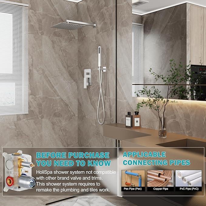 HoliSpa Shower System, Brushed Nickel Shower Faucet Set with 12-Inch Rain Showerhead and Handheld Spray, Wall Mounted High-Pressure Showerhead Combo Set Included Valve and Trim, Brushed Nickel - ModernBath