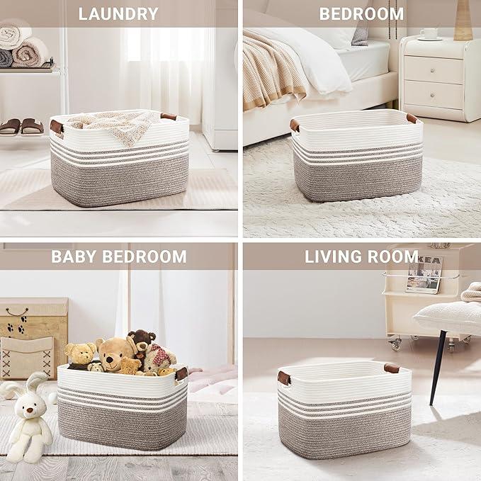 60L Large Laundry Basket with Leather Handles for Living Room Storage, Woven Rope Baskets Bin for Blanket, Kids Toy, Gifts, Wicker Hamper for Bedroom Dirty Clothes, 21"x15"x11" Dark Brown - ModernBath