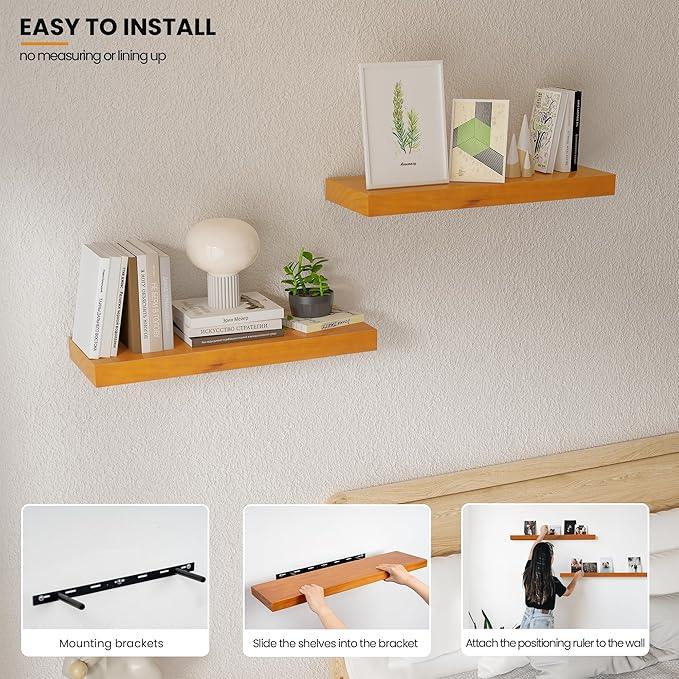 Pine Floating Wall Shelves Set of 2, 16 Inches Long x 8”x 1.4” Shelf Floating Rustic Farmhouse Decor, Heavy Duty Shelf, Wall Shelves for Bathroom Living Room Kitchen Bedroom Office, Honey Oak - ModernBath