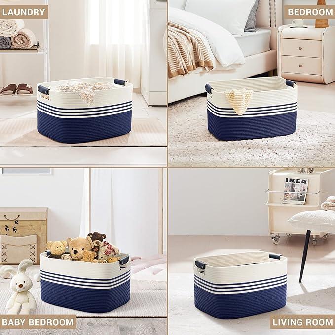 60L Large Laundry Basket with Leather Handles for Living Room Storage, Woven Rope Baskets Bin for Blanket, Kids Toy, Gifts, Wicker Hamper for Bedroom Dirty Clothes, 21"x15"x11" White Navy - ModernBath