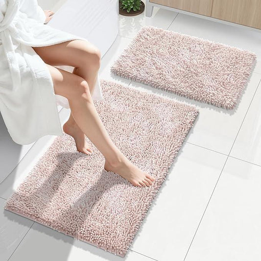 Yimobra Bathroom Rug Set 2 Piece, Luxury Shaggy Bath Mat Set with Non Slip Backing, Ultra Soft & Absorbent Mats for Bathroom Floor, Machine Washable, 31.5"x20"+24"x17", Pink - ModernBath