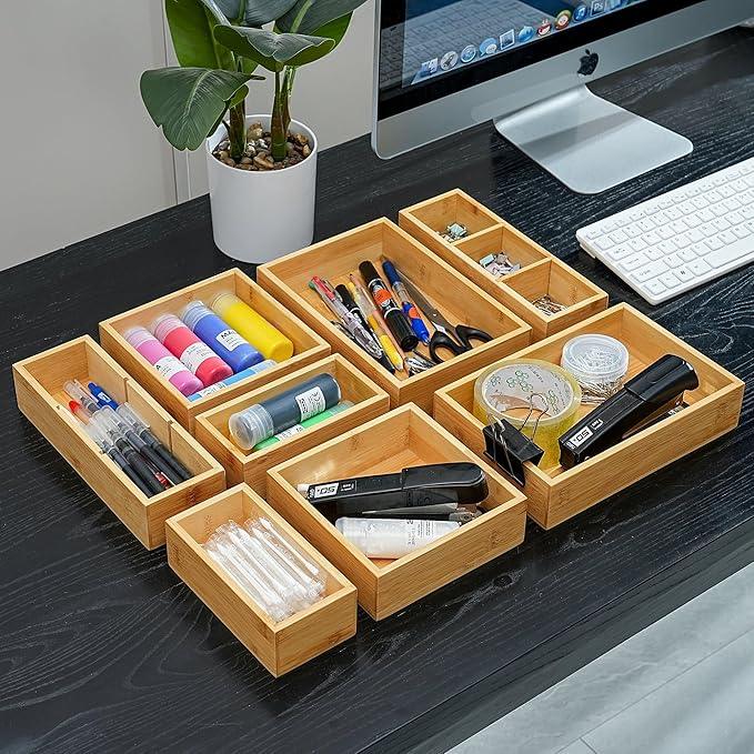 Fabsome Drawer Organizer, Set of 9 Bamboo Wood Kitchen Makeup Desk Junk Tea Drawer Storage Boxes Bins for Cutlery Silverware Utensils Flatware, Small Wooden Container Tray for Bathroom, Office - ModernBath