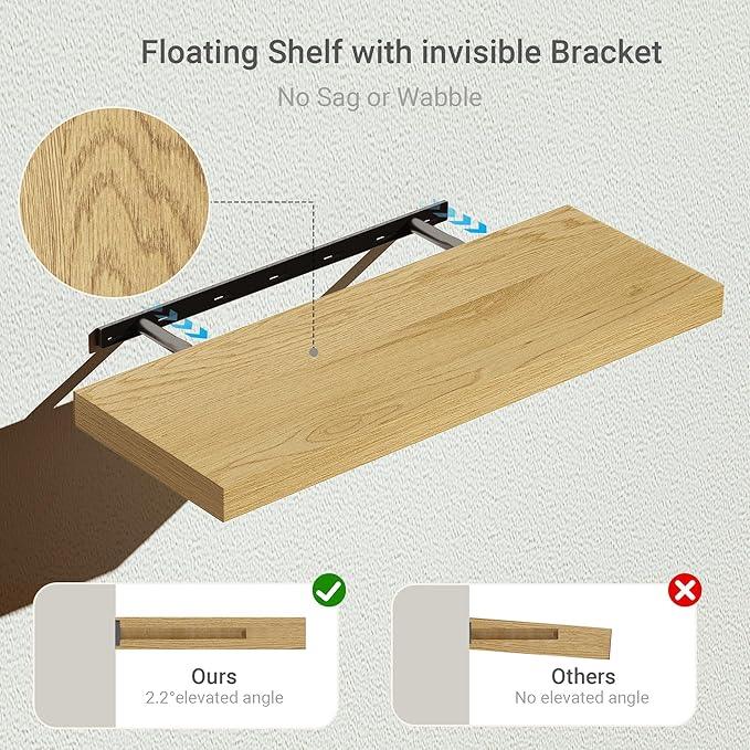 Vivelove Oak Floating Shelves 24 inchs Long, 9.1” Deep Bathroom Shelves Wall Mounted for Bedroom, Living Room, Kitchen, Office, Rustic Home Decor, Wall Shelves with Invisible Brackets, Set of 2 - ModernBath