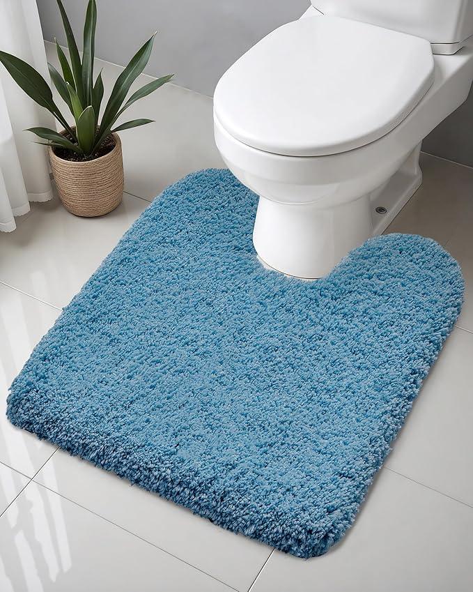 ILANGO Blue Toilet Rugs U Shaped 22" × 24" Non Slip & Super Absorbent Extra Thick Soft, Washable Bath Mats for Bathroom Floor, Microfiber Plush Shaggy Contour Bath Rugs for Toilet,Dry Quick - ModernBath