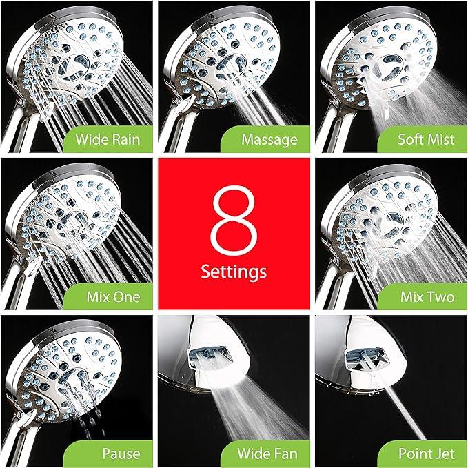 Hotel Spa AquaCare High Pressure 8-Mode Handheld Shower Head - Anti-clog Nozzles, Built-in Power Wash to Clean Tub, Extra Long 6 ft. Stainless Steel Hose, Wall & Overhead Brackets - ModernBath