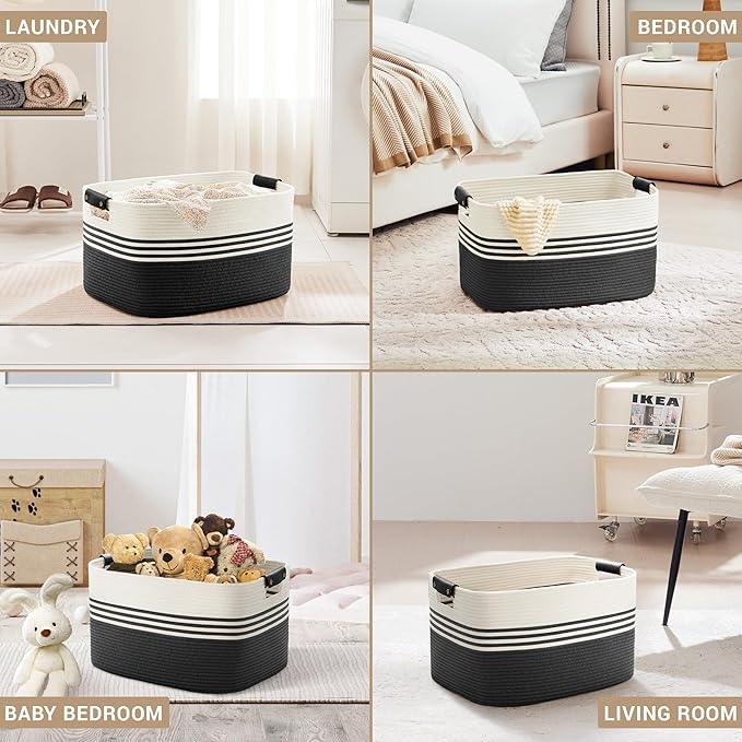 60L Large Laundry Basket with Leather Handles for Living Room Storage, Woven Rope Baskets Bin for Blanket, Kids Toy, Gifts, Wicker Hamper for Bedroom Dirty Clothes, 21"x15"x11" White Black - ModernBath