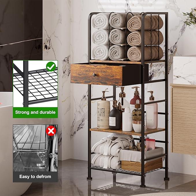 Towel Rack Free Standing 3-Tier with Drawer and M-Shaped Detachable Dividers,Towel Holder with Adjustable Shelf, Towel Organizer Space Saving for Bathroom and Poolside Patent Pending - ModernBath