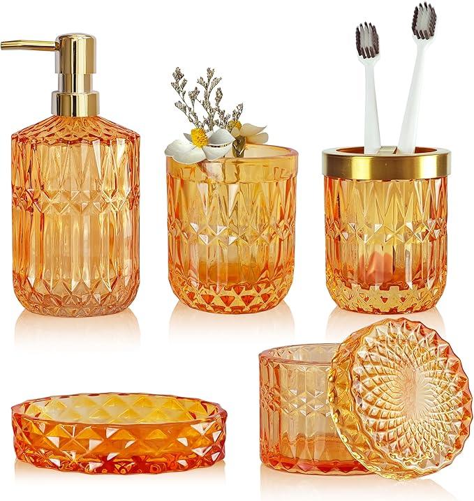 LaMarriti Orange Bathroom Accessories Set, 5Pcs Clear Glass Bathroom Set, Lotion Soap Dispenser, Soap Dish, Tumbler, Toothbrush Holder Set, Qtips Holder for Vintage Bathroom Decor, Gift Set - ModernBath