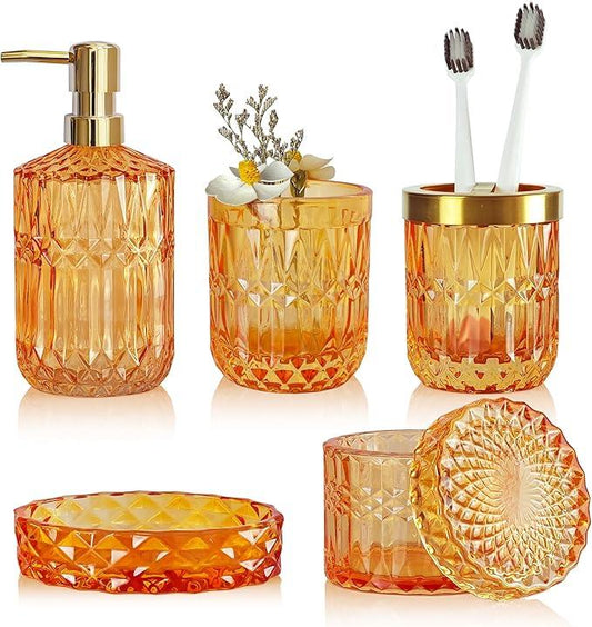 LaMarriti Orange Bathroom Accessories Set, 5Pcs Clear Glass Bathroom Set, Lotion Soap Dispenser, Soap Dish, Tumbler, Toothbrush Holder Set, Qtips Holder for Vintage Bathroom Decor, Gift Set - ModernBath