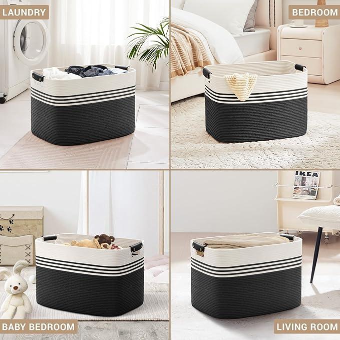 100L Extra Large Laundry Basket with Leather Handles for Living Room Storage, Woven Rope Baskets for Blanket, Kids Toy, Gifts, Wicker Hamper for Bedroom Dirty Clothes, 24"x16"x16" White Black - ModernBath