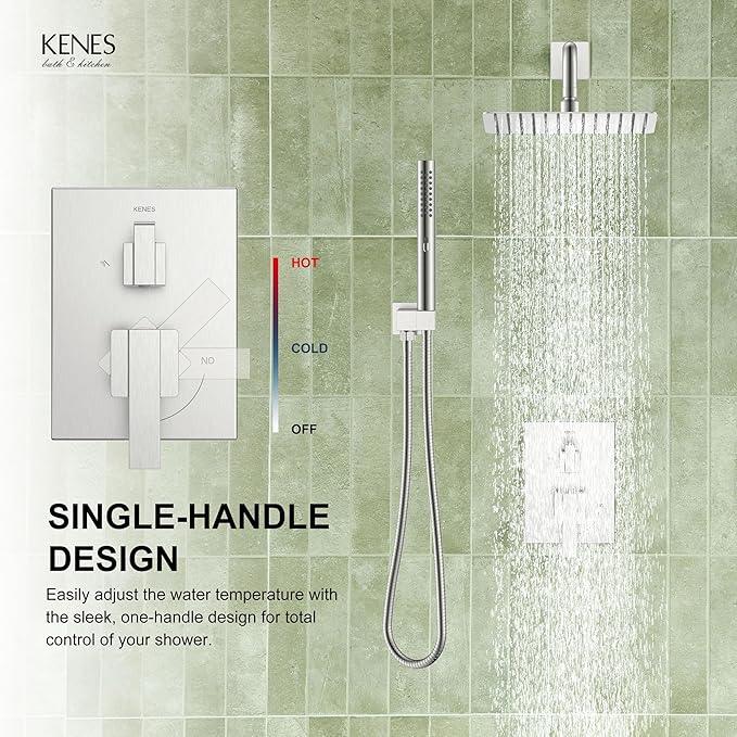 KENES Square Rainfall Shower System Faucet Set, Brushed Nickel Rain Shower Head and Handle Set, 10 Inch Stainless Shower Head with Handheld Spray (Shower Valve Included), LJ-6026A - ModernBath