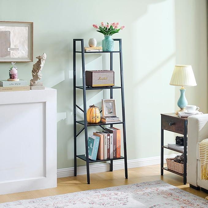 Hoctieon 4-Tier Industrial Ladder Bookshelf, Narrow Ladder Shelf, Tall Standing Bookshelf, Skinny Open Ladder Shelf, for Living Room, Home Office, Kitchen, Bedroom, Metal Frame, Black - ModernBath