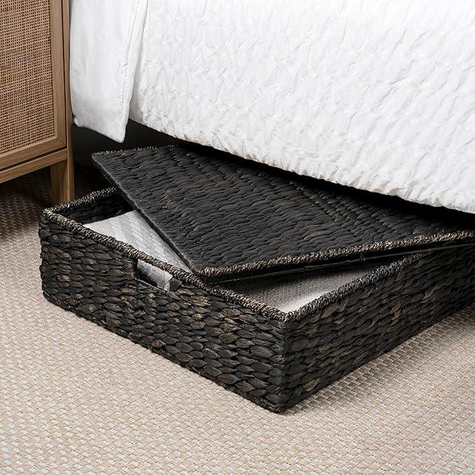 happimess BSK2015C Holden 30" Classic Costal Hand-Woven Hyacinth Wicker Under Bed Storage Basket with for Storage and Decoration in Bathroom, Bedroom, Closet, Entryway, Black - ModernBath