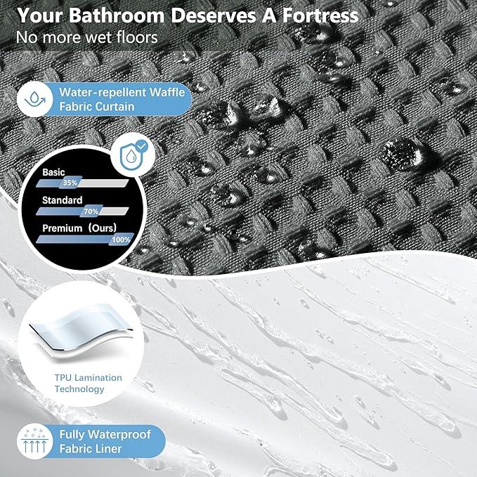 VANZAVANZU Luxury 3 in 1 Shower Curtain Set 3D Textured Waffle Weave Bathroom Curtain with Waterproof SGS Certified Fabric Liner & 12 Anti-Fall Stainless Steel Hooks, Machine Washable 72"x84" (Grey) - ModernBath