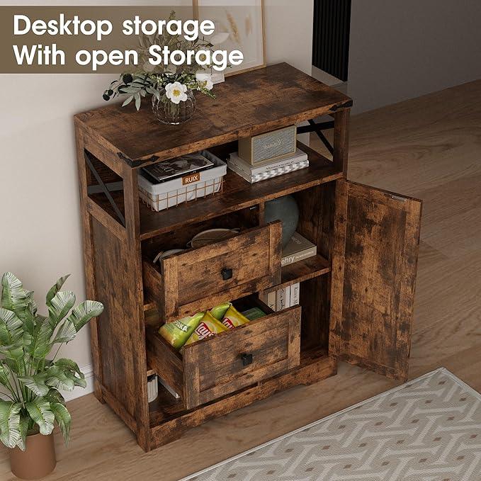Fameill Farmhouse Storage Cabinet with 2 Drawers & Shelves,Freestanding Kitchen Cabinet with Doors,Floor Storage Organization for Living Room,Bathroom,Laundry,Brown - ModernBath