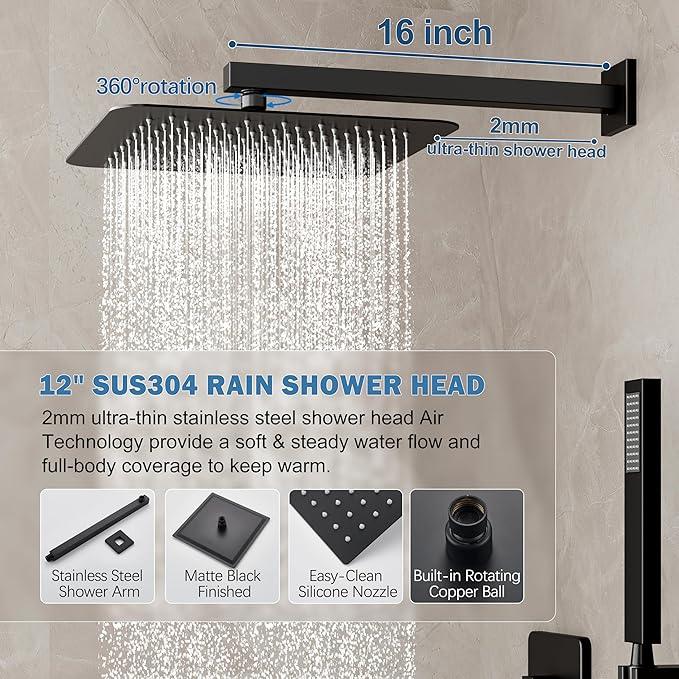 HoliSpa Shower System, Black Shower Faucet Set with 12-Inch Rain Showerhead and Handheld Spray, Wall Mounted High-Pressure Showerhead Combo Set Included Valve and Trim, Matte Black - ModernBath