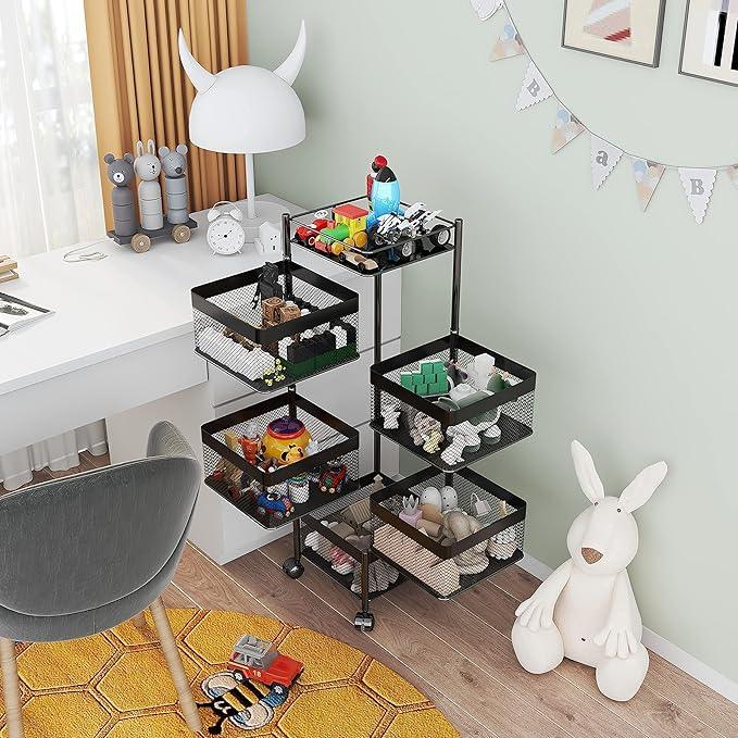 Fruit and Vegetable Basket for Kitchen No Assembly， Rotating Storage Rack,Bathroom Storage Shelf, Kitchen Organizers and Storage Cart on Rolling Wheels(Black, 5 Tier-Square) - ModernBath