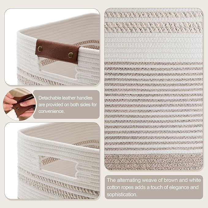 85L Tall Laundry Hamper with Handles for Living Room Storage, Extra Large Woven Rope Baskets Bin for Blanket, Kids Toy, Gifts, Wicker Hamper for Bedroom Dirty Clothes, 17"x14"x22" White Brown - ModernBath