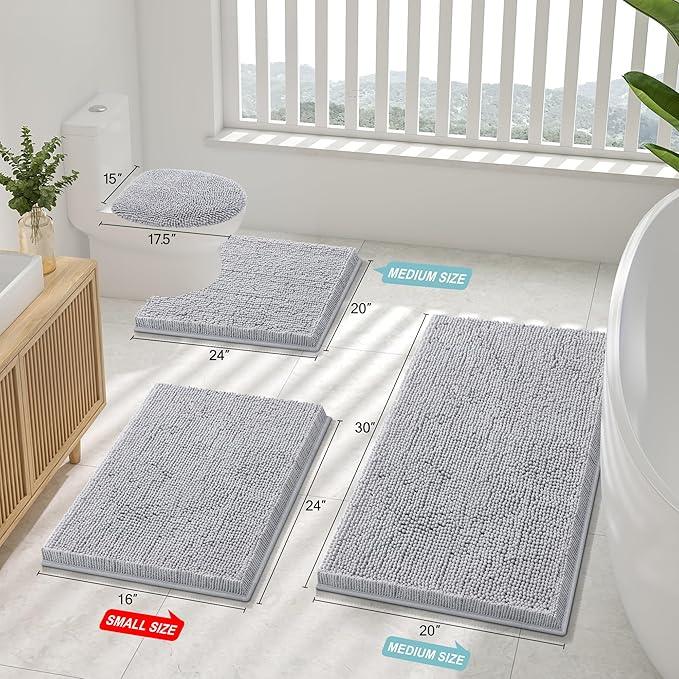 Smiry Luxury Chenille Toilet Rugs U-Shaped 24x20, Soft Absorbent Non-Slip Contour Bathroom Rugs for Toilet, Machine Washable Contoured Bath Mats, Light Grey - ModernBath