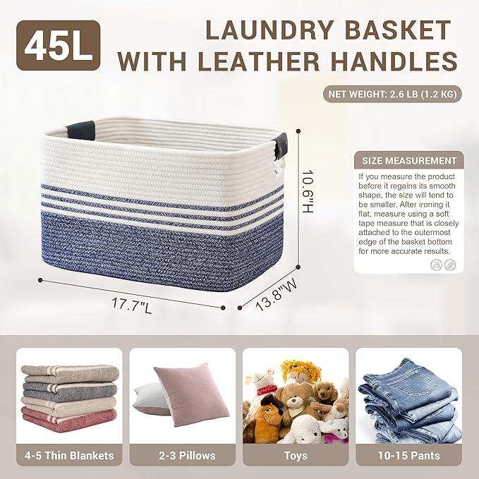 45L Small Laundry Basket with Leather Handles for Living Room Storage, Woven Rope Baskets Bin for Blanket, Kids Toy, Gifts, Wicker Hamper for Bedroom Dirty Clothes, 18"x14"x11" Denim Blue - ModernBath