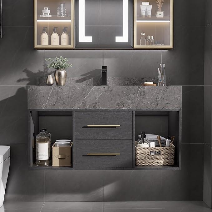 homary 35.4" Bathroom Vanity Set, Modern Wall-Mounted Vanity Bathroom Floating Medicine Cabinet with Sintered Stone Countertop, Undermount Sink & Black, 2 Open Storage Shelves - ModernBath