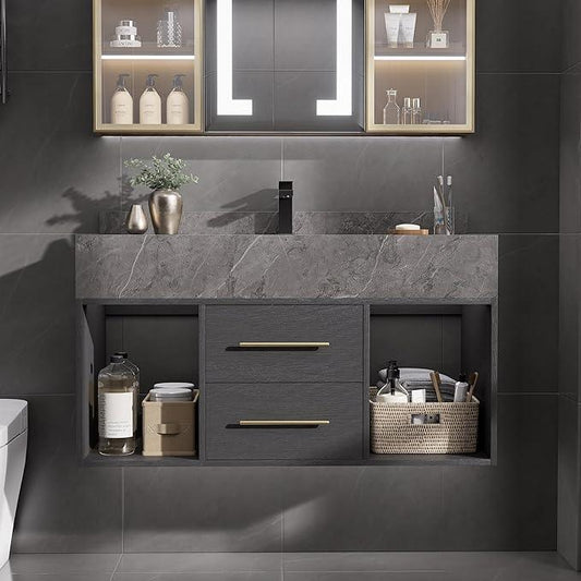 homary 39.4" Floating Bathroom Vanity Set, Modern Wall-Mounted Vanity Bathroom Medicine Cabinet with Sintered Stone Countertop, Undermount Sink & Black, 2 Open Storage Shelves - ModernBath
